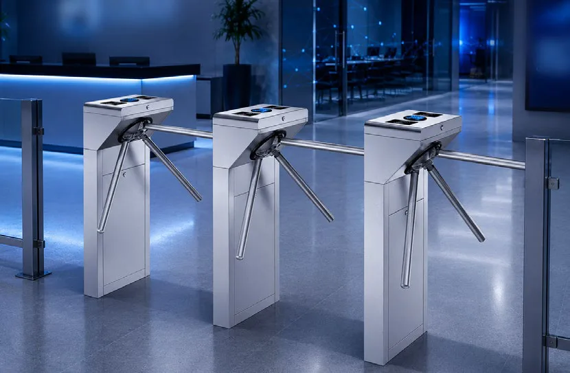 Três catracas eletrônicas pedestal em aço inox WEG WAccess instaladas no lobby de recepção corporativa