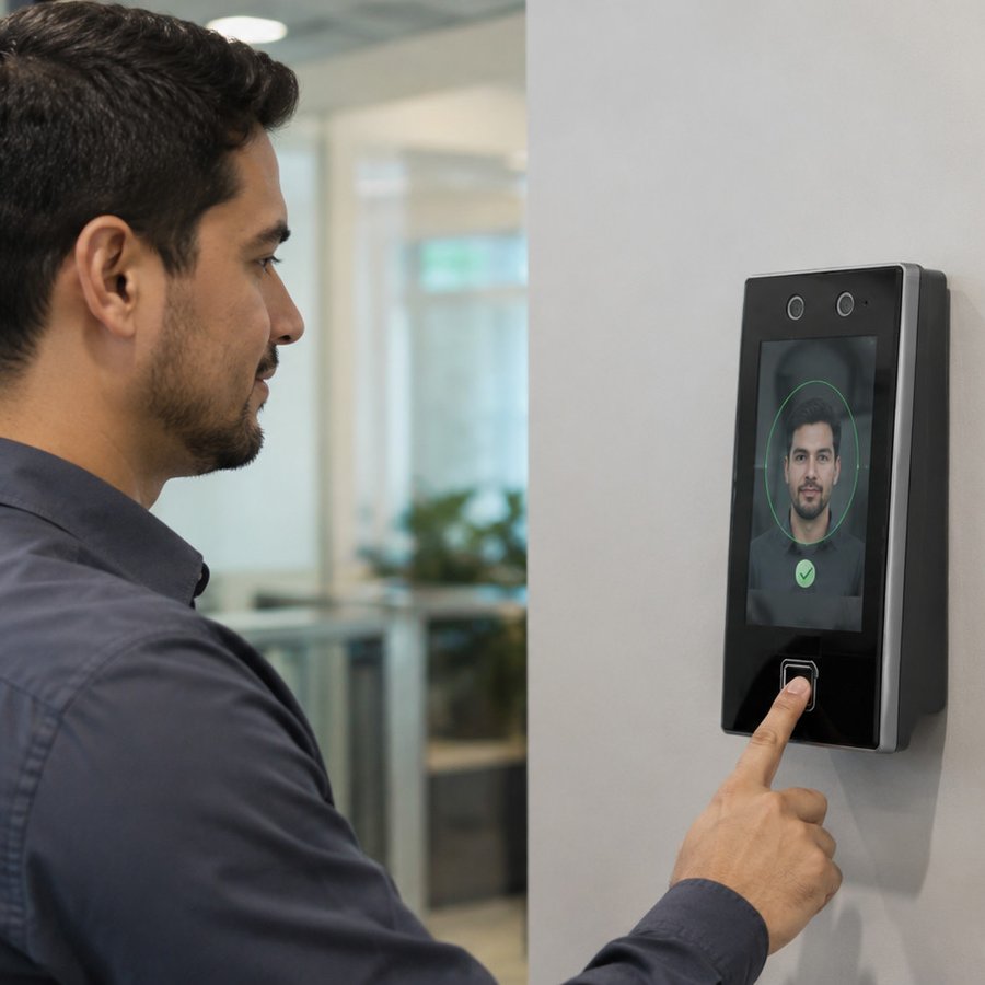 Colaborador registrando ponto em terminal facial e biométrico REP-P da ID Store em escritório